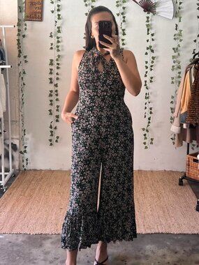 Anthropologie black and red floral print wide leg jumpsuit size S